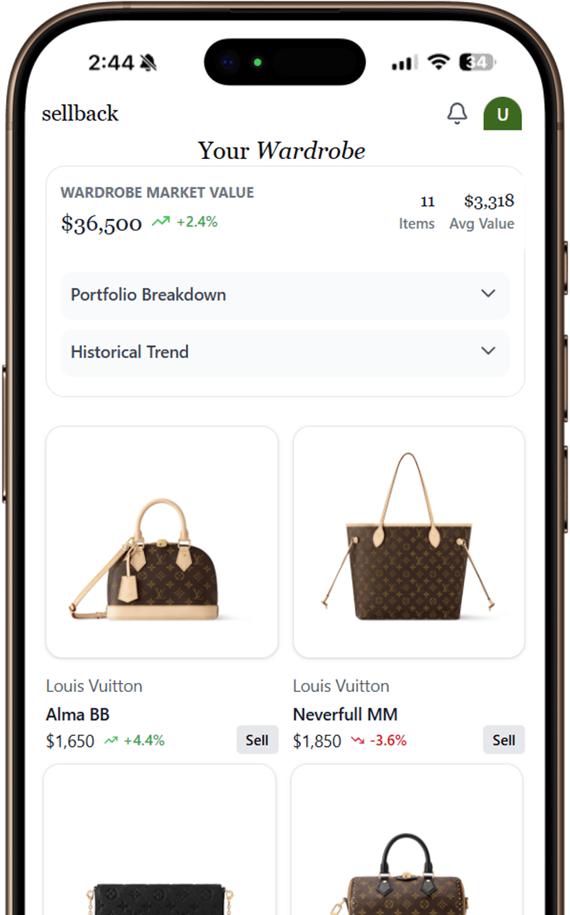 Sellback app showing Wardrobe Market Value card with bags