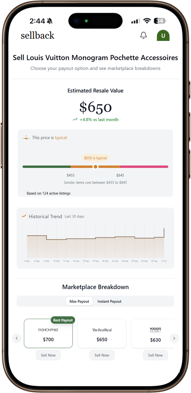 Phone screen showing platform recommendation for optimal selling